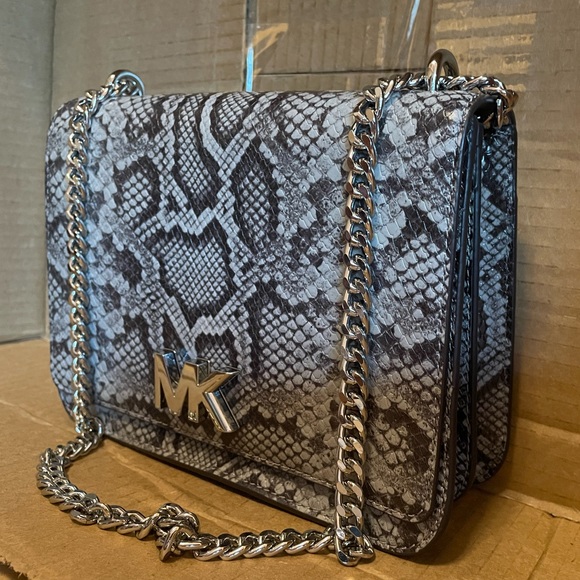 Michael Kors Pearl Gray multi long chain shoulder embossed leather purse. - Picture 4 of 7
